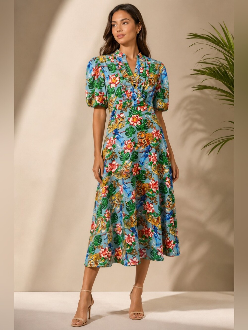 Jungle floral print midi dress with ruffle detail on top